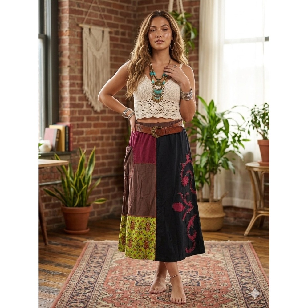 Gekko Camden Boho Patchwork Cotton Midi Skirt S Shabby Chic Cottagecore Fairy